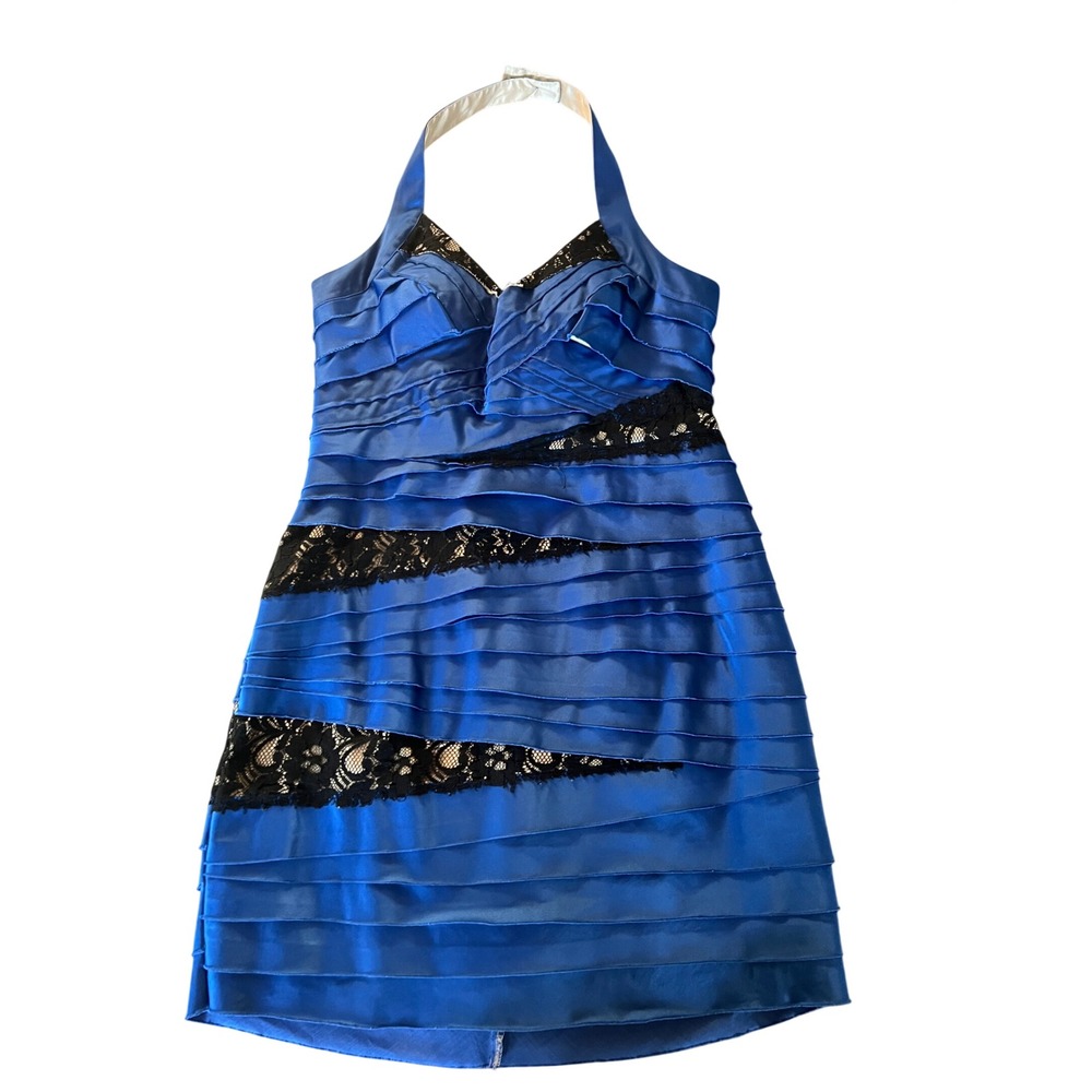 Bebe Royal Blue Satin Tiered Halter Mini Dress Black Lace Accent L glam party